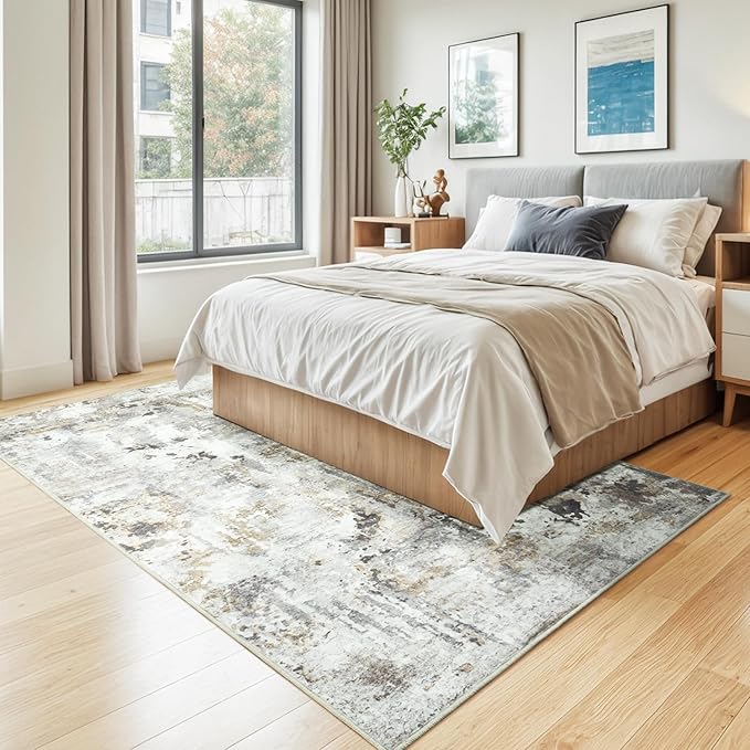 5x7 Area Rugs, Neutral Machine Washable Rugs for Living Room, Abstract Modern Soft Non-Slip Thin Print Floor Carpet for Bedroom Kids Room, Brown/Grey