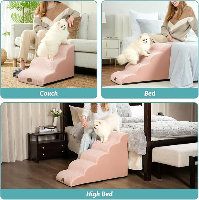 Dog Stairs for High Bed 22.6" H, Small Dog Step for Puppy, Older or Cat, Curved Ramp for Car, Ladder with High Density Foam, Lightweight, Durable, 15.7x33x22.6 inch, 5 Step, Pink