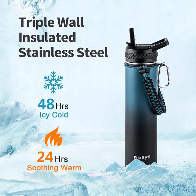 24 oz Insulated Water Bottle with Straw (Cold for 48 Hrs), Stainless Steel Triple Wall Vacuum Sports Water Jug, Leakproof Hydro Cup Flask with Paracord Handle & Straw Spout Lids & DIY Stickers
