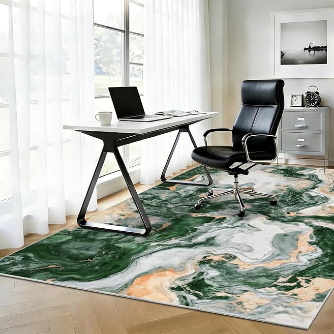 Yinhua Marble Rug 5x7, Abstract Area Rugs Non Slip, Green and Gold Modern Rugs Low Pile, Soft Faux Wool Washable Rug Stain Resistant, Contemporary Carpet for Bedroom Dining Room Office