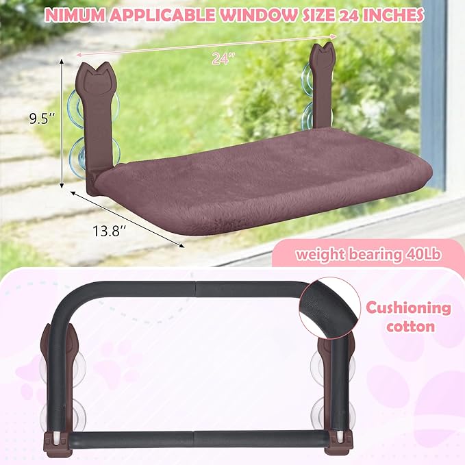 2 Pack Cat Window Perch,Cat Window Hammock Cordless Foldable Window Bed with 4 Large Strong Suction Cup,Reversible Cushion Cover,Metal Frame Easy to Adjust Window Seat Holds up to 40lbs(Brown，M)