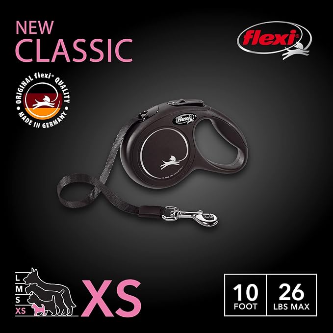 FLEXI New Classic Small Tape Retractable Dog Leash for Small Dogs Upto 26 lbs. – 10 ft., Black | Tangle Free Pet Walking Leash with One-Handed Brake, Pause, Lock|German Quality Product