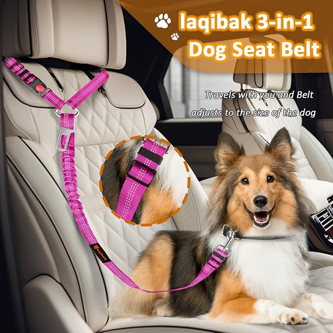 Removable Dog Seat Belt Harness for Car, 3 in 1 Pet Dog Car Seatbelt Leash, Retractable Restraint Secures to Vehicle Headrest & Adjustable Reflective Bungee Dog Seatbelt Tether, Rose and Black