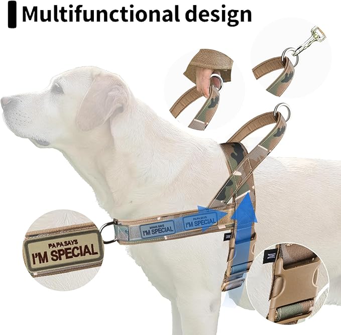 No Pull Dog Harness for Small Medium Large Sized Dogs, Escape Proof Adjustable Dog Harnesses with 2 Patch, Green Camo, L