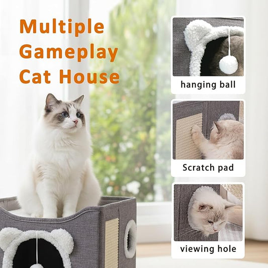 Cat Houses for Indoor Cats, Large Cats Bed Cave, Kitten Cube Box,Cat Condo with Scratching Pad, Hanging Fluffy Ball & Peekaboo Window, Foldable Hideaway Hand-Washable(16x16x13.3 Inches,Grey)