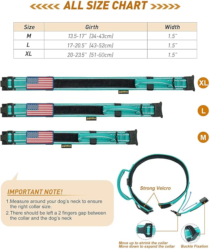 AUBELL Reflective Tactical Dog Collar,Adjustable Military Heavy Duty K9 Collars with Handle and Quick Release Metal Buckle Great for Extra Large Dogs, with Airtag Case and 2 Patches (Teal,XL)