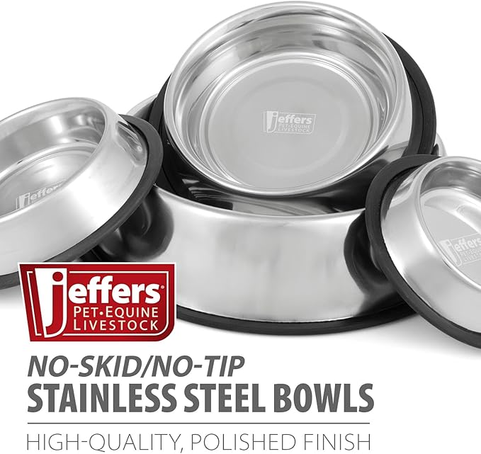 Jeffers No Skid No Tip Stainless Steel Pet Bowls for Dogs & Cats - Non-Slip Food & Water Feeder Dish with Black Rubber Base, Durable Easy to Clean Feeding Bowl for Indoor & Outdoor Use - 1 Pint