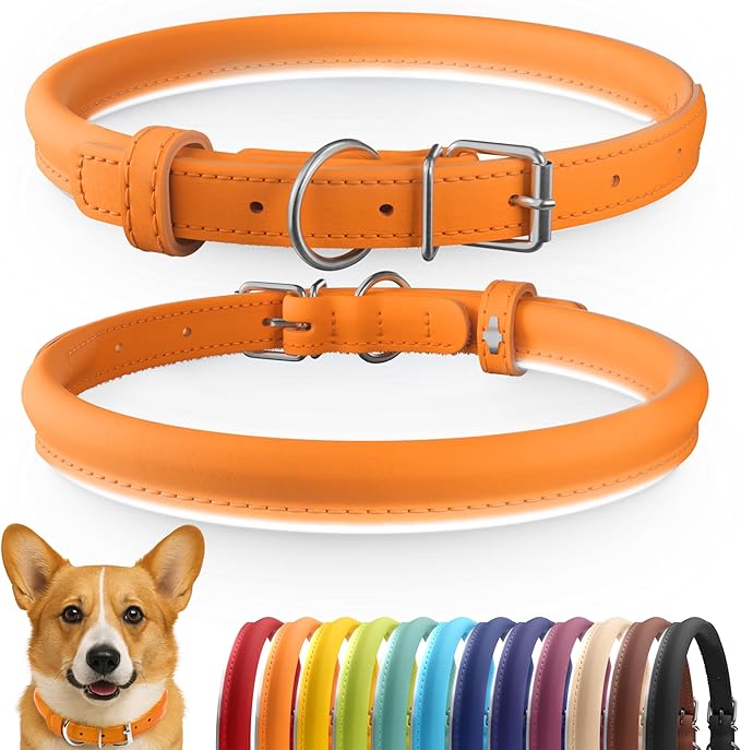 CollarDirect Rolled Leather Dog Collar, Soft Padded Round Puppy Collar, Handmade Genuine Leather Collar Dog Small Large Cat Collars 13 Colors (13-16 Inch, Orange Smooth)