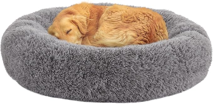 Calming Dog Beds for Large Dogs, Faux Fur Donut Cuddler Dog Bed, Round Fluffy Pillow, Washable Pet Bed for Dogs Up to 80Lbs, 36inch