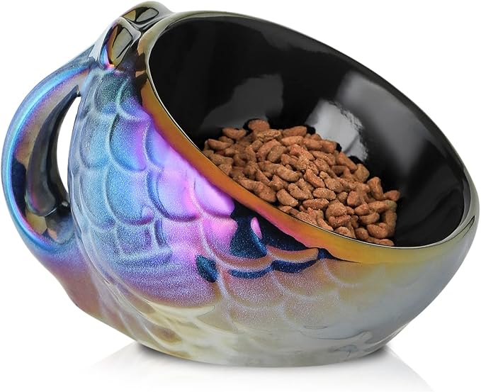 Nihow Cat Food Bowl: 5.7 Inch Ceramic Raised Cat Dish - Elevated Pet Bowl for Protecting Pet's Spine - Colorful Blue (4OZ /1 PC)