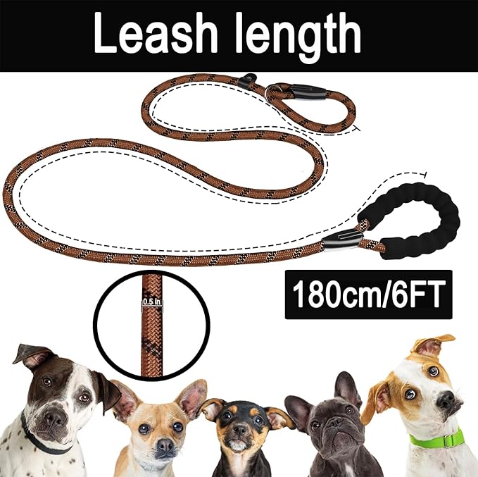 6 FT Heavy Duty Dog Leash, Durable Premium Quality Strong Training Rope Slip Leash with Comfortable Padded Handle and Highly Reflective Threads for Small Medium and Large Dogs, (Brown)