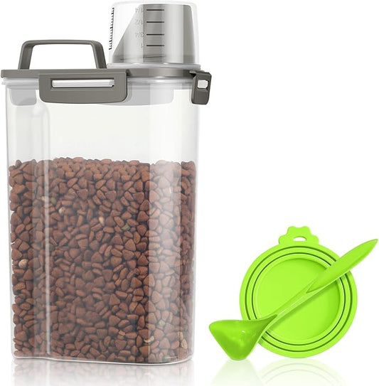 TBMax Small Dog Food Storage Container 3 Qt with Cat Food Can Cover and Mixing Spoon, Portable Travel Pet Food Dispenser with Large Spout and Cup