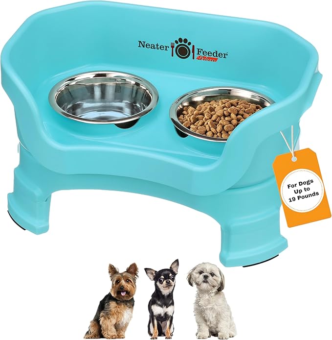 Neater Feeder Deluxe Mess Proof Dog Bowls Elevated for Small Breeds – Made in USA – No Spill Raised Dog Food Bowl Stand w/Leg Extensions – Stainless Steel Dog Food and Water Bowl Set – Teal