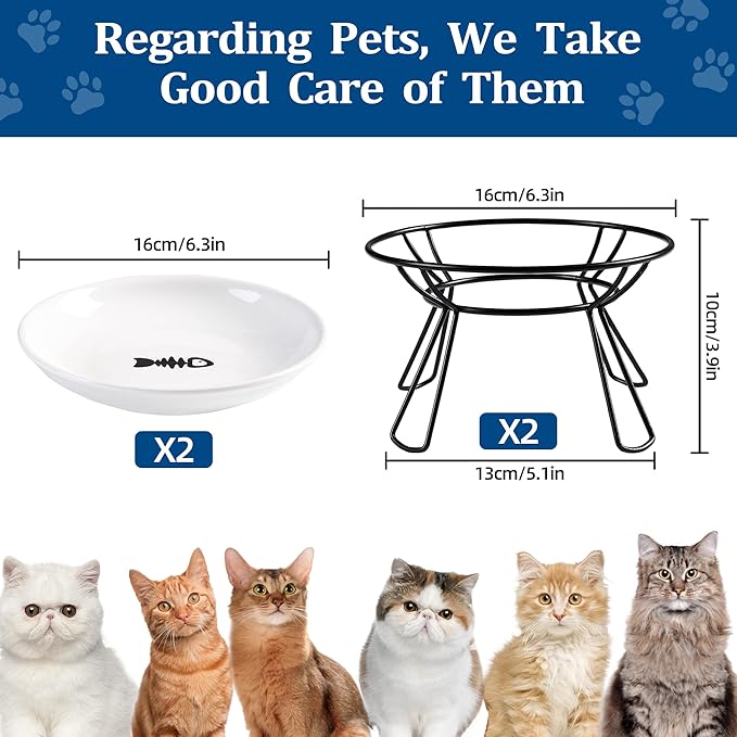 Cat Bowls, Elevated Bowl, Raised Ceramic Dish with Metal Stand, Pet Water or Food Feeding Station for Indoor Cats, Kitten, Puppies and Small Dogs(2 Pack)