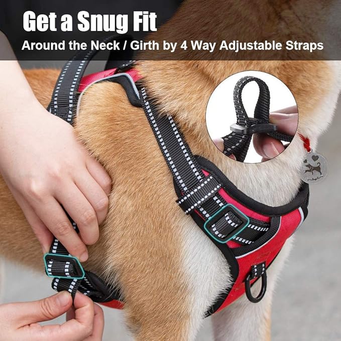 PoyPet No Pull Dog Harness, Reflective Comfortable Vest Harness with Front & Back 2 Leash Attachments and Easy Control Handle Adjustable Soft Padded Pet Vest for Small to Large Dogs (Red,M)