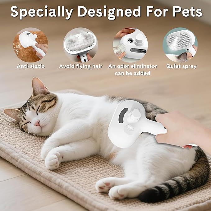 Pet Steam Brush for Dogs & Cats - 2-in-1 Deshedding & Detangling Tool with Steam Spray, Anti-Static Grooming Brush for Long/Short Haired Pets, Waterless Cleaning & Massage(White)