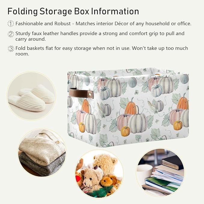 Fall Pumpkin Storage Basket Fabric Kitchen Baskets Autumn Maple Leaves Open Home Storage Bins Boxes Foldable Organizer Bag for Baby Cloth Pet Toy Book Shelf Closet Baskets 16×12×8 Inches