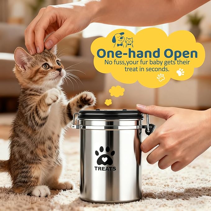Dog Treat Container Airtight- 7.2"x4.7" /1.8L Stainless Steel Cat Treat Jar for Kitchen Counter with Scoop, Pet Storage for Fresh Dog Cookie