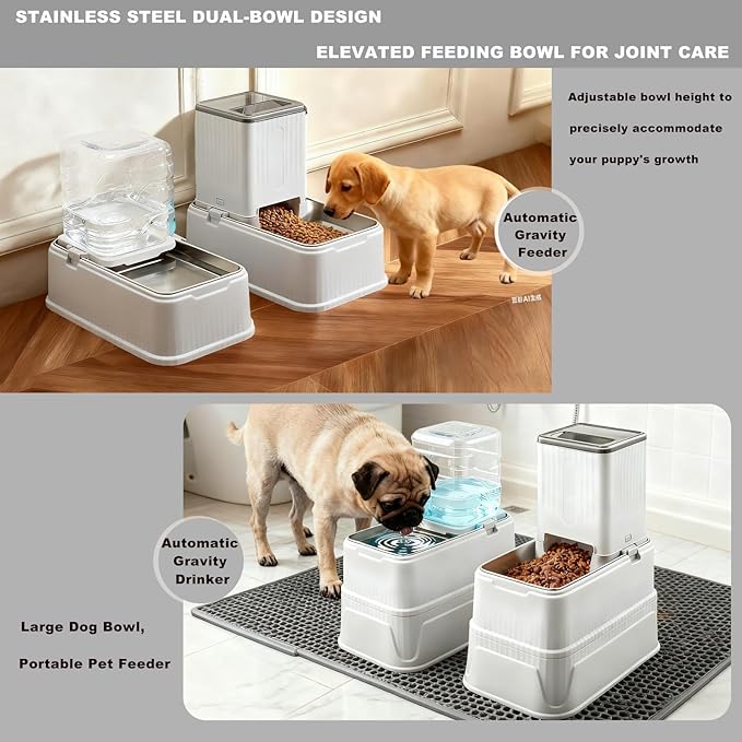 Elevated Dog Bowls Set, 1 Gallon Automatic Gravity Food Feeder & Water Dispenser with Stainless Steel Bowls, Adjustable Elevated Feeder for Small Medium Large Dogs, Anti-Choking & Neck Protection