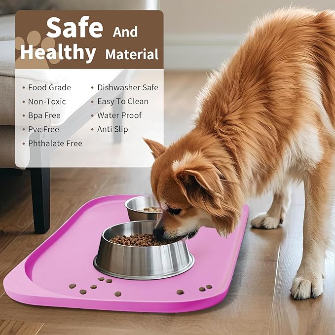 Silicone Pet Food Mat with Raised Edge for Food and Water Bowl, Dog Feeding Mats, Cat Food Trays for Floor Waterproof, Rubber Tray for Dogs and Cats, 24 x 16 x 0.8 Pink