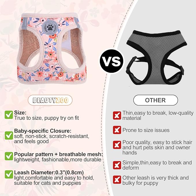 BEAUTYZOO Step in Dog Harness and Leash Set,Floral Pattern Reflective Dog Harness No Pull No Choke Puppy Harness for Small Medium Large Dogs Cats,Soft Padded Mesh Vest Harnesses for Girl and Boy Pets