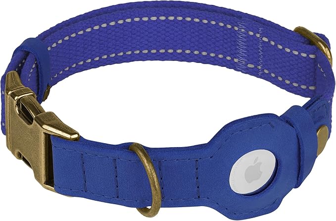 Reflective Leather Dog Collar with AirTag Holder - Soft Apple Airtag Dog Collar with Metal Buckle - Safety Cotton Pet Collars for Dogs Small Large Dogs Puppy (Blue, S, 12"-15")