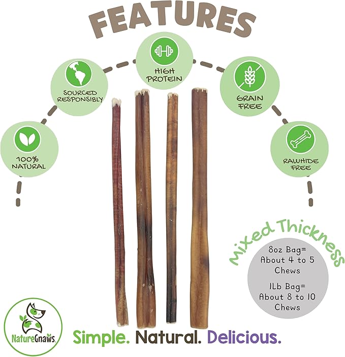 Nature Gnaws Bully Sticks for Dogs 11-12" (8oz) - Mixed Thickness - Long Lasting for Aggressive Chewers and Large Dogs - Natural Beef Dog Chew Bones