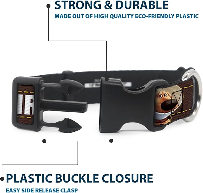 Buckle-Down Plastic Clip Collar - Dug 3-Poses/SQUIRREL! Brown/Yellow/White - 1/2" Wide - Fits 6-9" Neck - Small