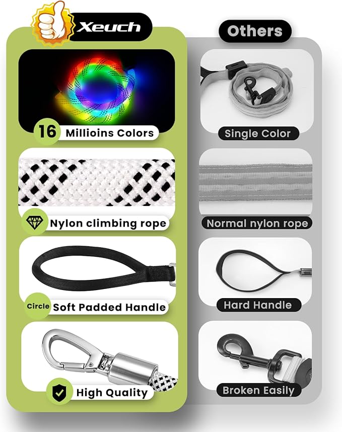 Light Up Dog Leash, LED Pet Leash for Night Walking,13 Lighting Modes, Rechargeable Dog Lights, Glow in The Dark Walking Leashes with Tangle-Free Hook for Medium Large Dogs - 4 Ft