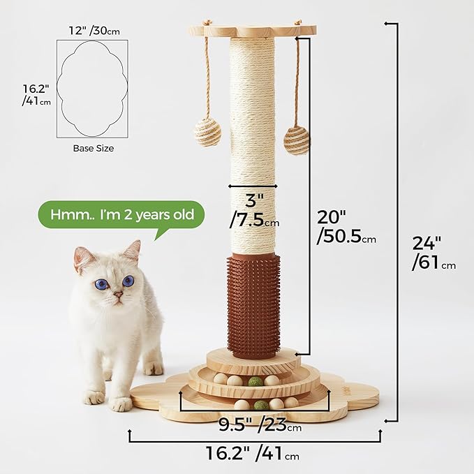 Cat Sisal Scratching Post, 4 in 1 Wooden Cat Scratcher Toy with Groomer, 24" Tall Scratch Post with 2-Layer Interactive Track Balls, Cat Climbing Tree with 2 Hanging Balls for Kittens