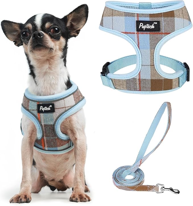PUPTECK Soft Mesh Dog Harness and Leash Set Pet Puppy Cat Comfort Padded Vest No Pull Harnesses, Blue&Brown, XS