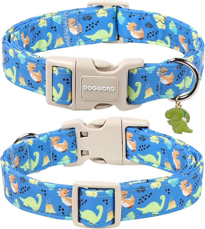 DOGWONG Blue Dog Collar Adjustable Soft Natural Fabric Boy Pet Dog Collar Cute Dinosaur Puppy Collars for Small Medium Large Dogs