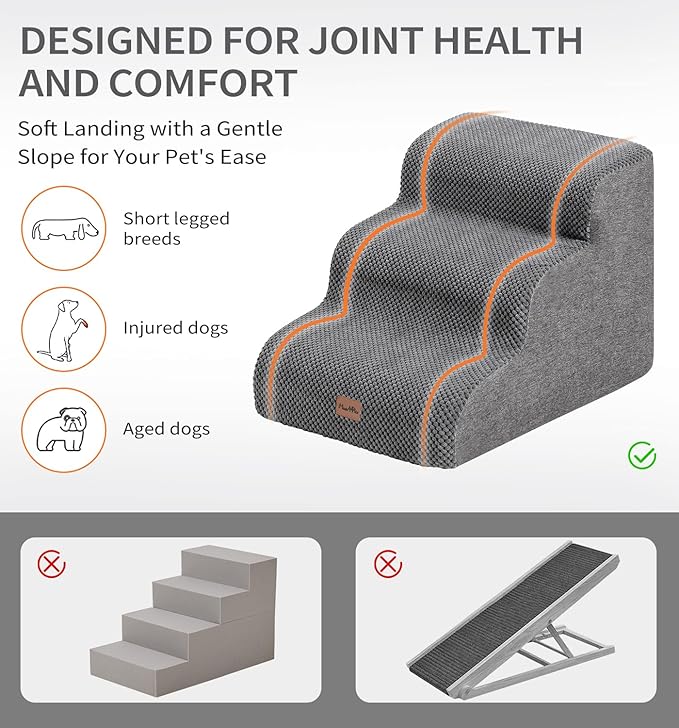Made4Pets Dog Stairs Ramp for Small Dogs 15.7" H, 3-Step Dog Steps for Bed Couch Sofa and Chair, 35D Foam Pet Steps for Small Dogs and Cats, Non-Slip Bottom Pet Stairs, Grey