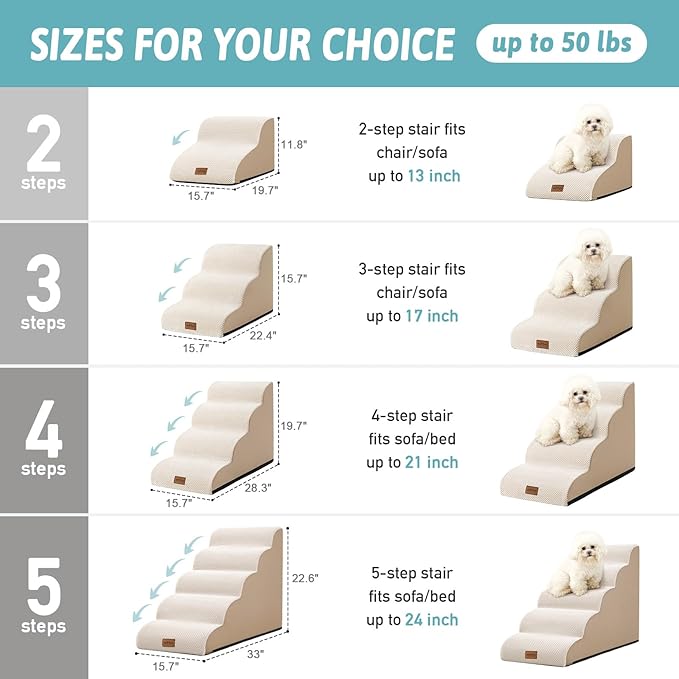 Dog Stairs for Small Dog 22.6" H, Curved Pet Step for Puppy, Older Cat, Medium Pet Ramp for High Bed, Ladder with High Density Foam, Durable, 5 Step, 15.7x33x22.6 inch, Beige