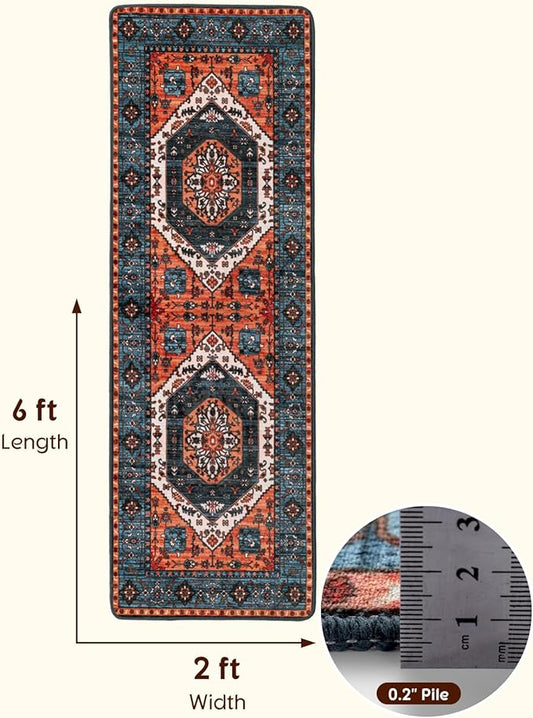 LBRO2M Boho Runner Rug 2X6 Hallway Rug Non Slip Washable Runners for Hallways, Bedroom, Kitchen Laundry Room Pet Friendly Area Rugs (2X6, Multi Rust)