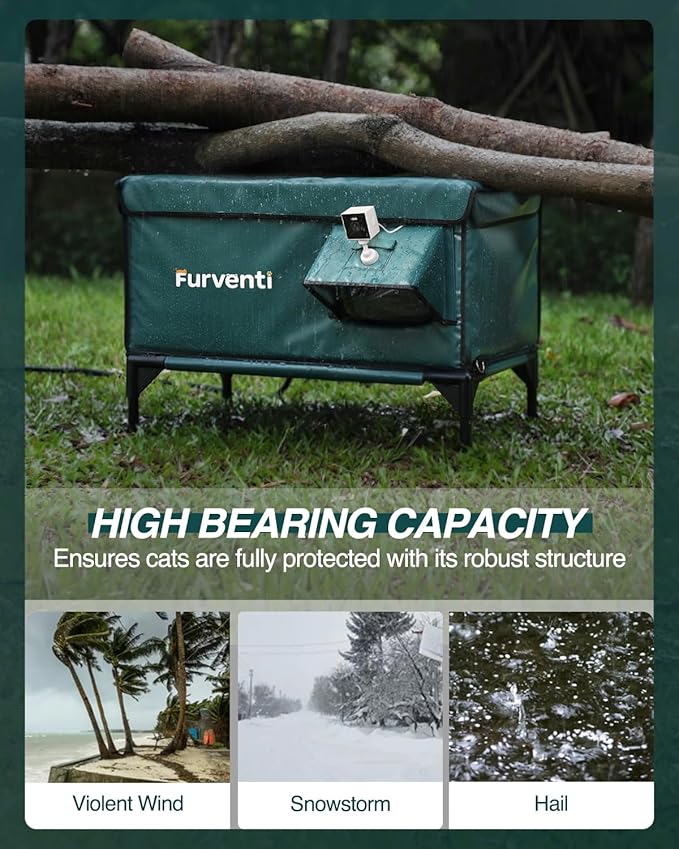 Heated Cat House for Outside,Dual Camera Mounts,100% Weatherproof & Extremely Insulated,Elevated Feral Cat Shelter with Escape Door,Waterproof Eaves for Outdoor Stray Barn Cat(Dark Green, L with Cam)