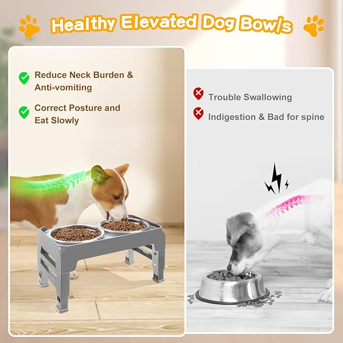 COMESOON Elevated Dog Bowls for Small Medium Dogs, 3 Height Adjustable Raised Stand with 2 Thick 6" Stainless Steel Food Bowls, Non-Slip Feeder Adjusts to 2.75", 6", 7.5", Grey