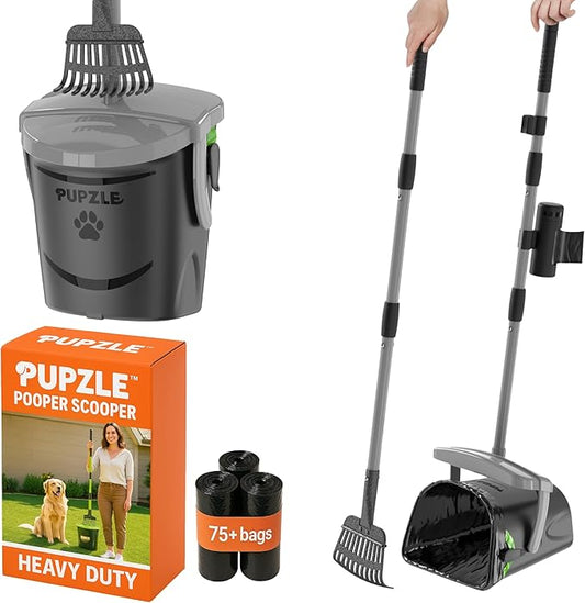 Pupzle Dog Pooper Scooper with Bag Attachment, 40" Long Handle Pooper Scooper for Large Dogs, Dog Poop Scoop for Yard, Large Capacity Swivel Bin and Rake, Lavender Scented Bags (Grey)