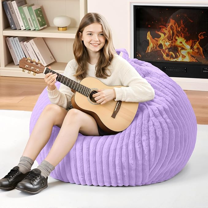 Homguava 2FT Bean Bag Chair, 2' Small Bean Bags with Memory Foam Filled, Beanbag Chairs with Machine Washable Cover Dutch Corded Plush Cover for Classroom,Living Room,Bedroom-Purple