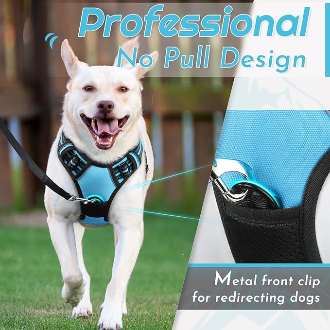 Eagloo Dog Harness for Large Dogs, No Pull Service Vest with Reflective Strips and Control Handle, Adjustable and Comfortable for Easy Walking, No Choke Pet Harness with 2 Metal Rings, Sky Blue, L