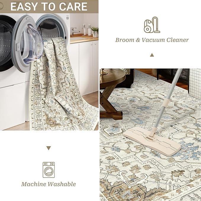 8x10 Area Rug for Living Rooms, Stain Resistant Neutral Washable Rugs for Dining Rooms, Floral Vintage Non-Slip Thin Large Size Area Rugs(Beige)