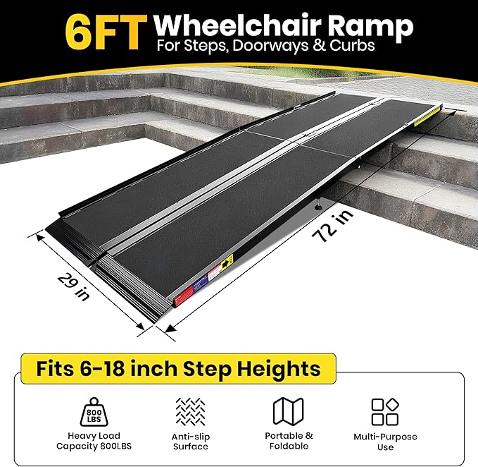 6 Feet Portable Wheelchair Ramp with Sopport Legs, Black Seamless Non-Slip Aluminum Folding Handicap Ramp,Threshold Ramp for Doorways, Wheel Chair Ramp for Home Steps,Loading Dock Plates