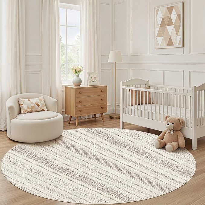 Nakagishi Round Rug Boho Area Rugs: 6x6 Washable Large Circle Neutral Soft Stain Resistant Non-Slip Carpet for Women Aged 25-45 Farmhouse Decor Enthusiasts - Living Room Bedroom Dining Room Nursery