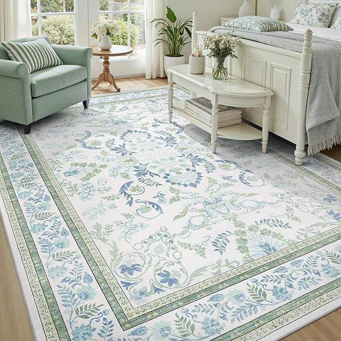 DCX Green Floral 8x10 Area Rugs for Living Room, Machine Washable Large Soft Boho Non-Slip Botanical Rug for Bedroom Dining Room Kitchen Flowers Playroom Nursery Carpets
