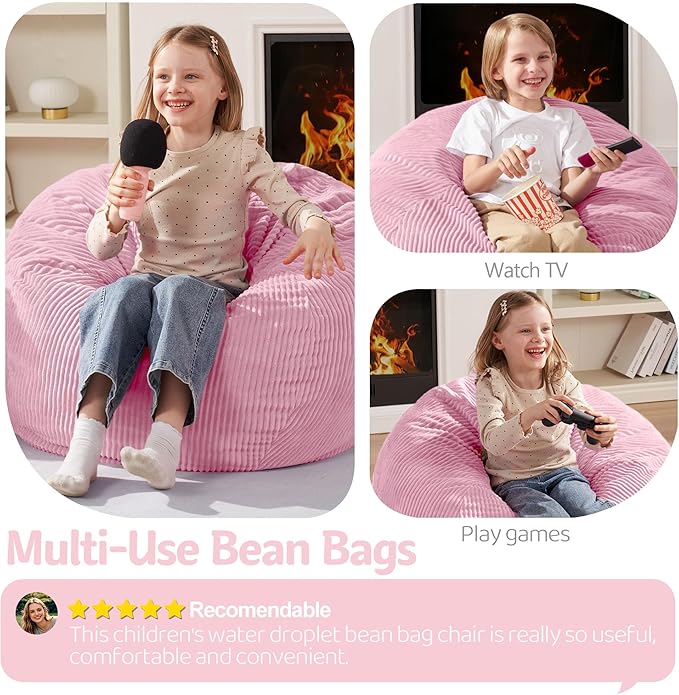 Homguava 2.5FT Bean Bag Chair,Teardrop Bean Bags Small Beanbag Chair with Memory Foam Filled and Ultra Soft Corduroy Cover for Living Room, Bedroom (Light Pink)
