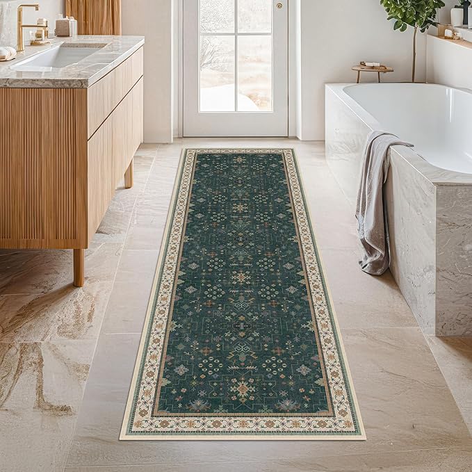 Dark Green 2x6 Kitchen Rug - Modern Vintage Boho Eclectic Floral with Brown Accent, Washable Low Pile Non-Slip Runner Rugs for Bathroom, Door Mat Indoor Entrance, Hallway, Bedroom, Laundry