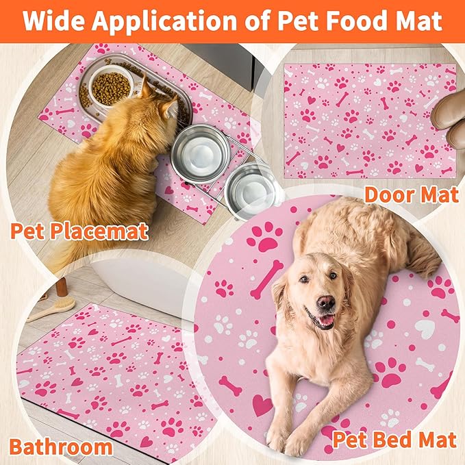 Pink Paw & Bone Dog Food Mat, Dog Cat Feeding Mat, Non-Slip Super Absorbent Pet Food Pad, Pet Bowl Mat for Food & Water Bowls, Dog Enthusiast Home Decoration, 12 x 20 Inch