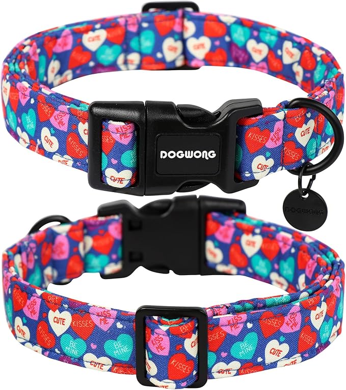 DOGWONG Valentine's Dog Collar - Blue Heart Candy Adjustable Cotton Heart Dog Collar - Perfect for Medium, Large Dogs