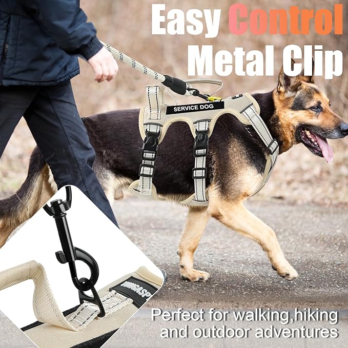 Escape Proof Dog Harness for Large Medium Sized Dogs Six Point Adjustable, Service Dog Vest Harness and Leash Set, No Pull Dogs Harnesses with Handle, Medium Dog Harnesses for Walking(Beige, M)