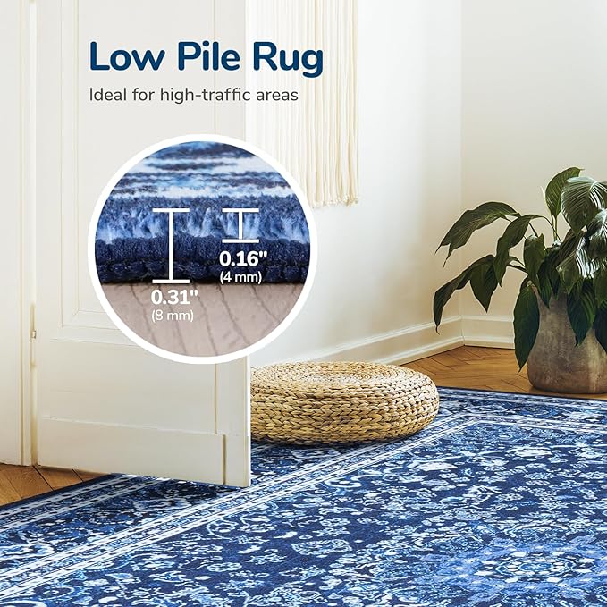 Lessymo Washable Area Rugs 6x9- Boho Area Rug Low Pile for Bedroom Living Room Kitchen, Ultra-Soft Faux Wool Vintage Area Rug with Non-Slip Rubber, Kid & Pet Friendly, Blue White